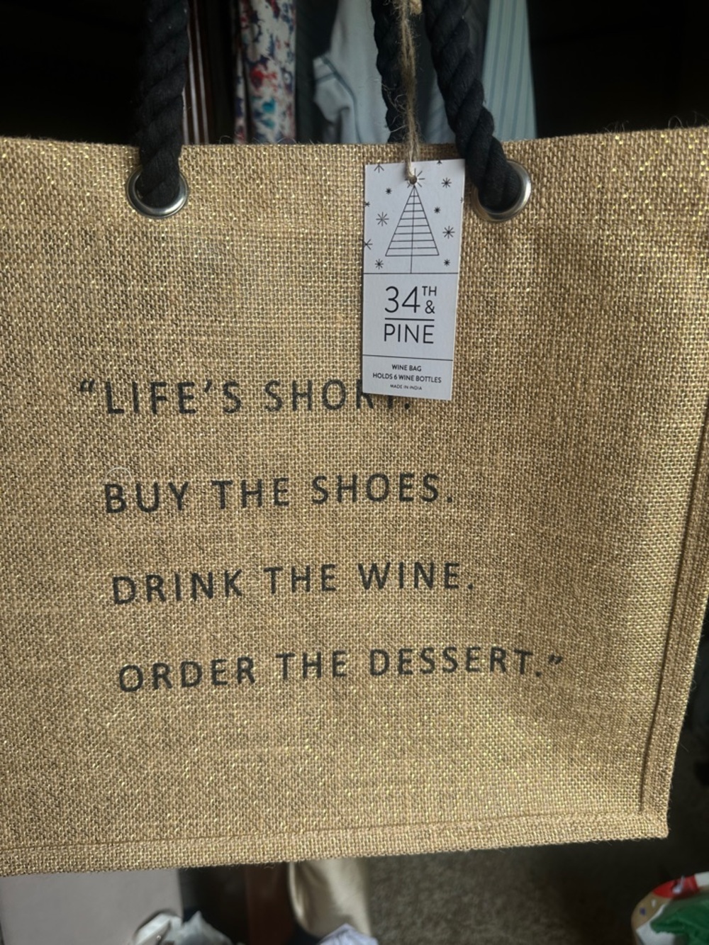 New with tags 34th & Pine Jute Tote Bag with Quote - Natural & Black - Picture 2 of 4